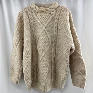Hand Knit Wool Crew Neck Cable Knit Sweater Cream Heavy Fisherman No Size